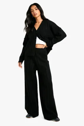 Petite Soft Knit Thick Ribbed Cardigan And Wide Leg Pants Set