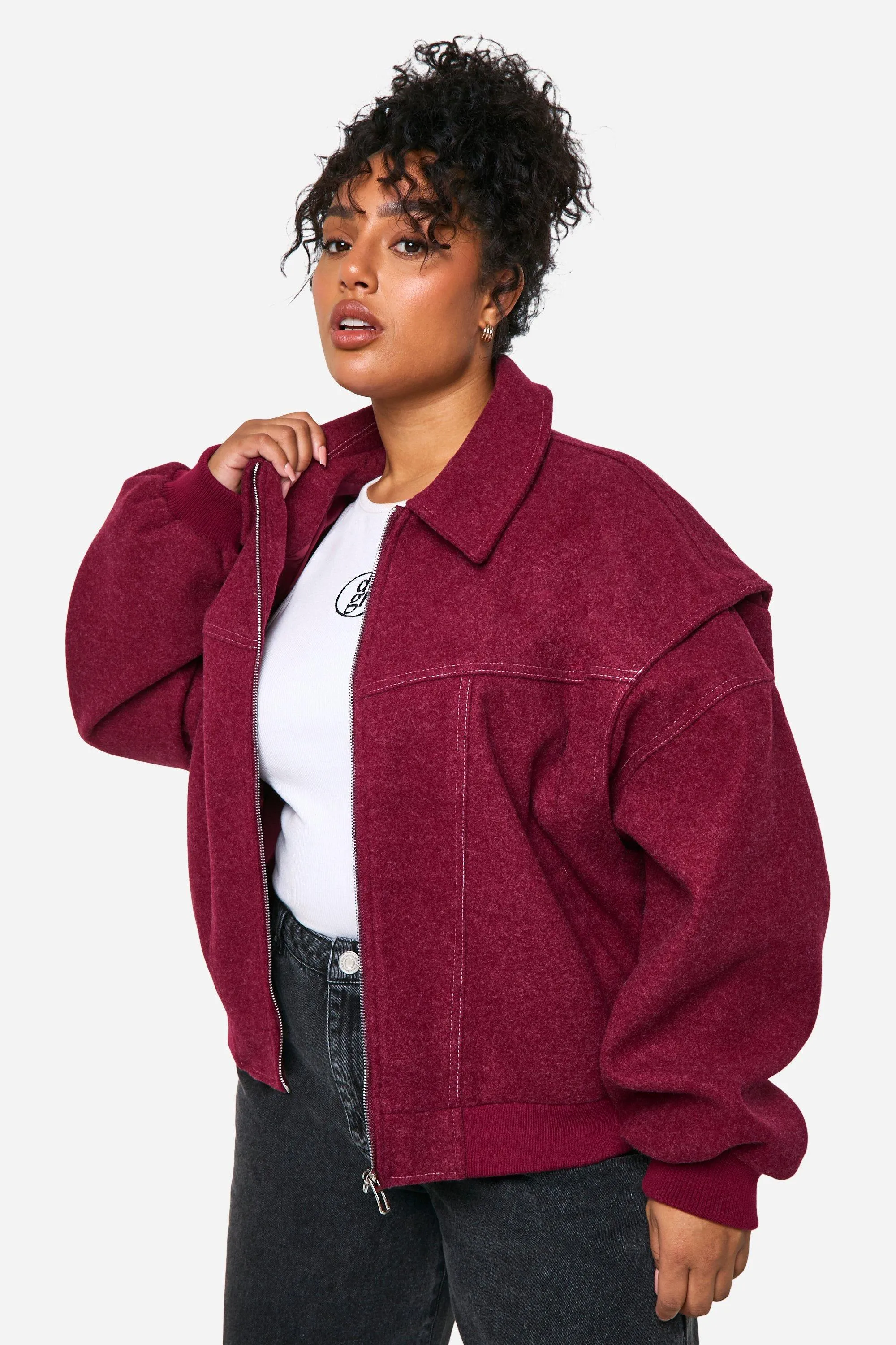 Plus Contrast Blanket Stitch Wool Look Jacket