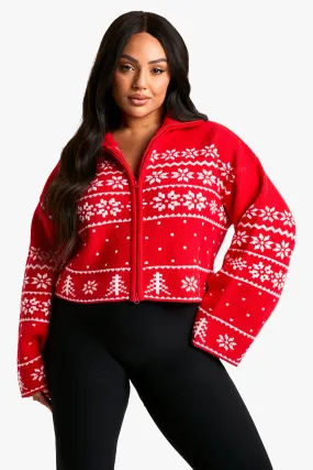 Plus Premium Christmas Fairisle Zip Up Knitted Cardigan