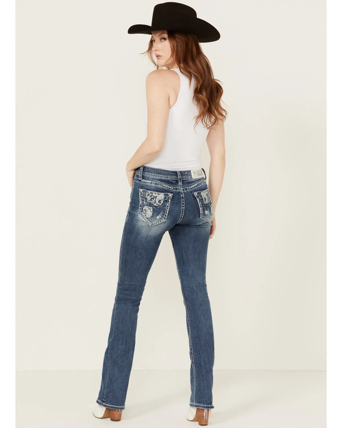 Product Name:  Grace In LA Women's Medium Wash Paisley Pocket Mid Rise Stretch Denim Jeans