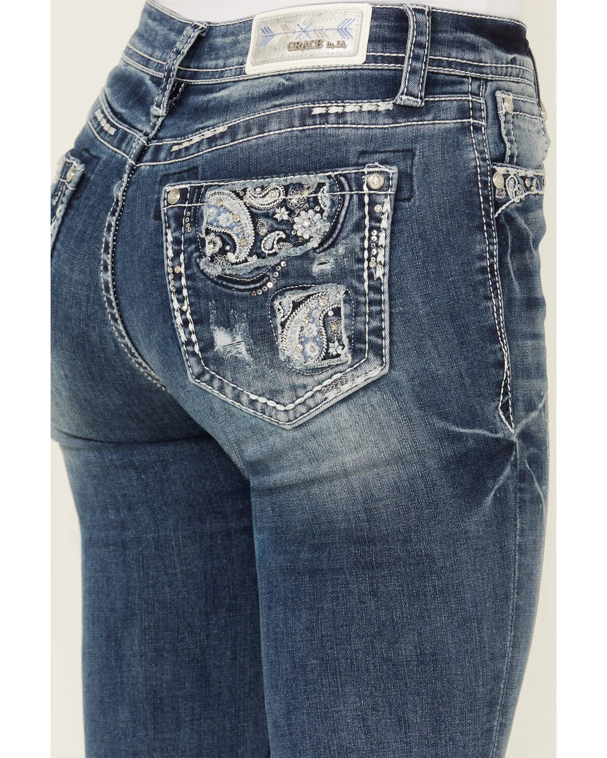 Product Name:  Grace In LA Women's Medium Wash Paisley Pocket Mid Rise Stretch Denim Jeans