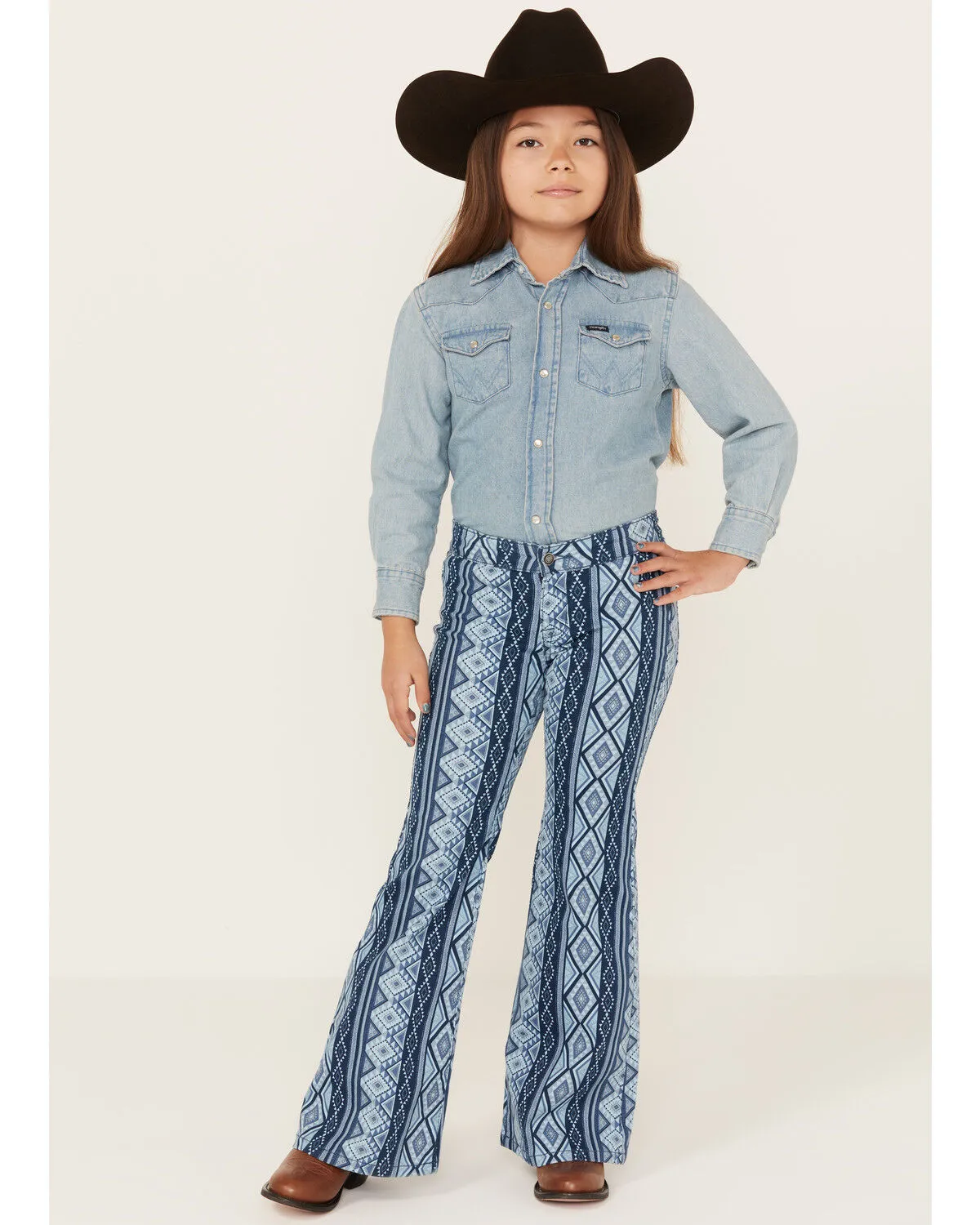 Product Name:  Rock & Roll Denim Girls' Medium Wash Southwestern Print Bargain Button Stretch Flare Jeans