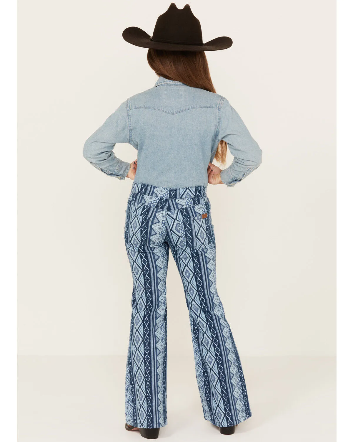 Product Name:  Rock & Roll Denim Girls' Medium Wash Southwestern Print Bargain Button Stretch Flare Jeans