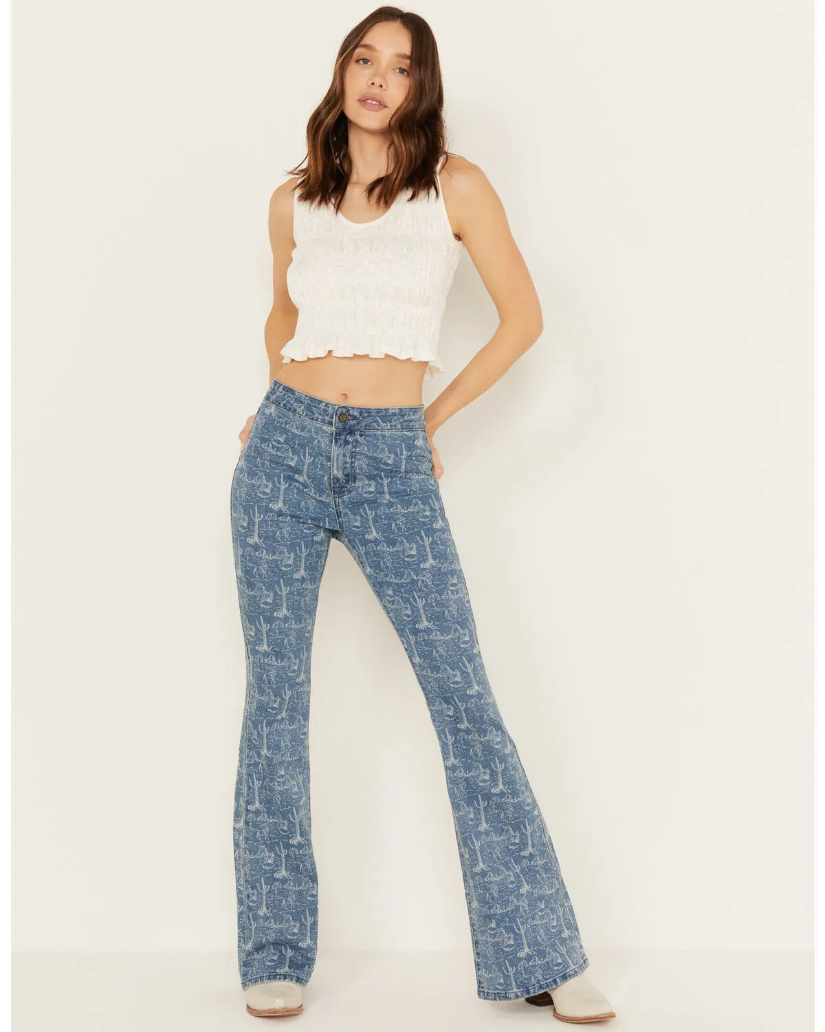 Product Name:  Rock & Roll Denim Women's Medium Wash High Rise Desert Print Bargain Flare Jeans