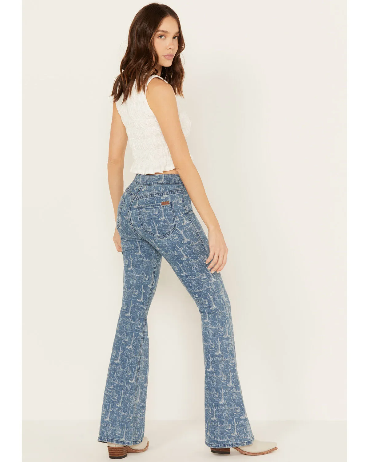 Product Name:  Rock & Roll Denim Women's Medium Wash High Rise Desert Print Bargain Flare Jeans