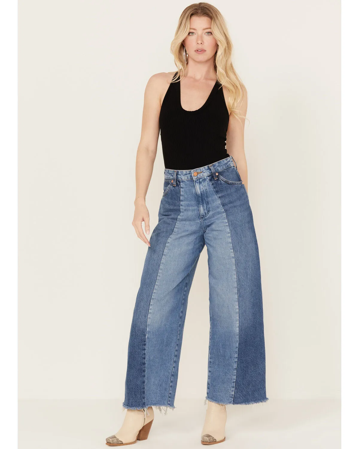 Product Name:  Wrangler Women's Medium Wash Mid Rise Color Block Together Again Wide Leg Jeans