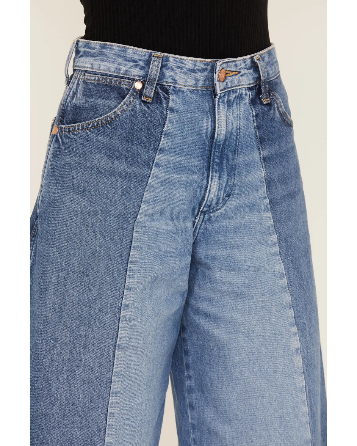 Product Name:  Wrangler Women's Medium Wash Mid Rise Color Block Together Again Wide Leg Jeans