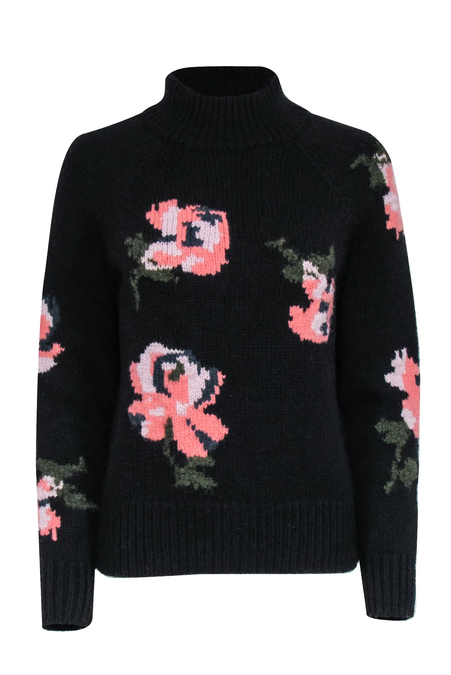 Rebecca Taylor - Black Wool Blend Mockneck Sweater w/ Floral Pattern Sz S