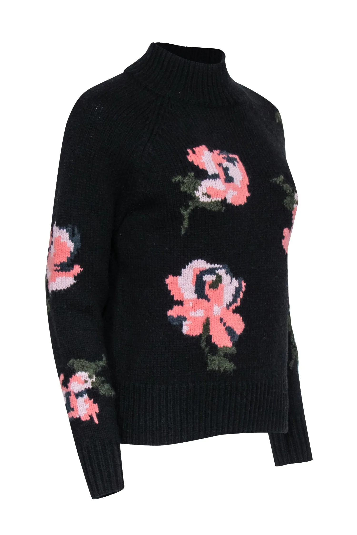 Rebecca Taylor - Black Wool Blend Mockneck Sweater w/ Floral Pattern Sz S