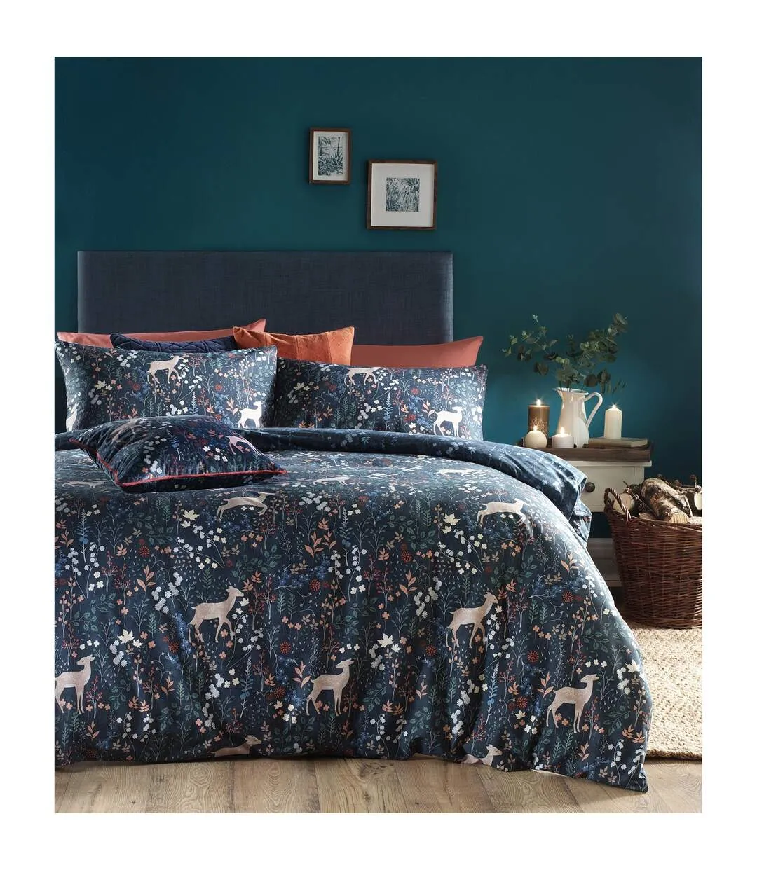 Richmond duvet cover set with woodland and botanical design midnight blue Furn