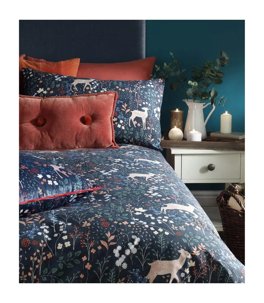 Richmond duvet cover set with woodland and botanical design midnight blue Furn