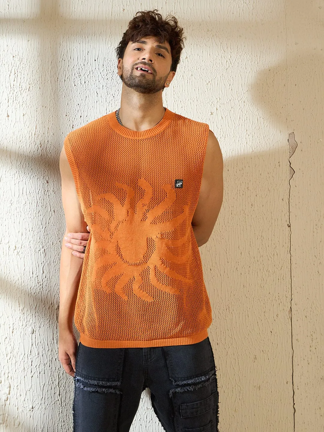 Rust Sun Graphic Crochet Vest