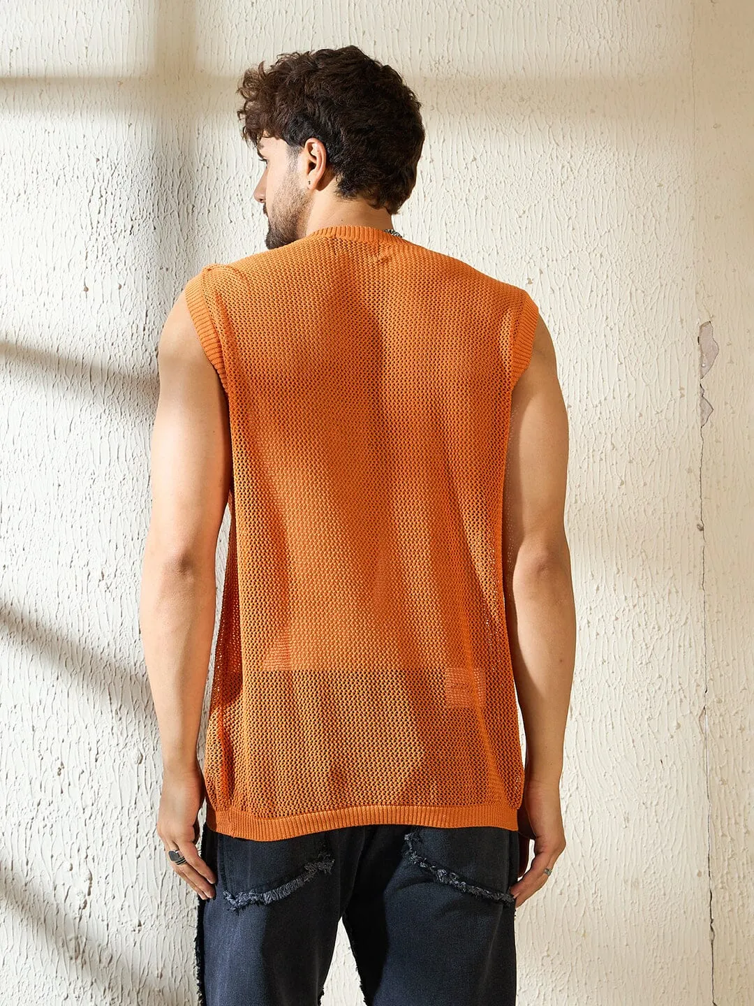 Rust Sun Graphic Crochet Vest