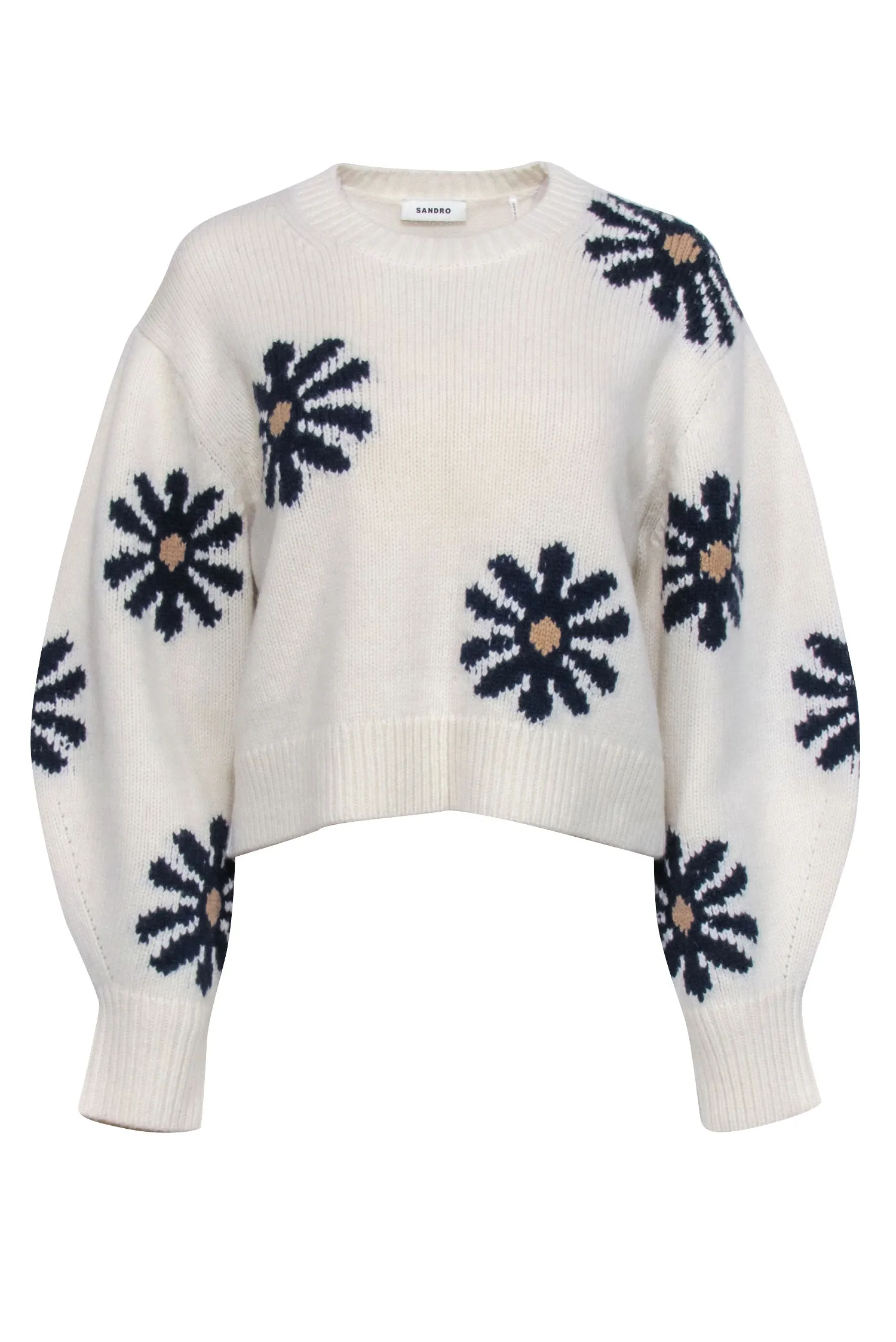 Sandro - Ivory w/ Navy Floral Pattern Wool Blend Sweater Sz L