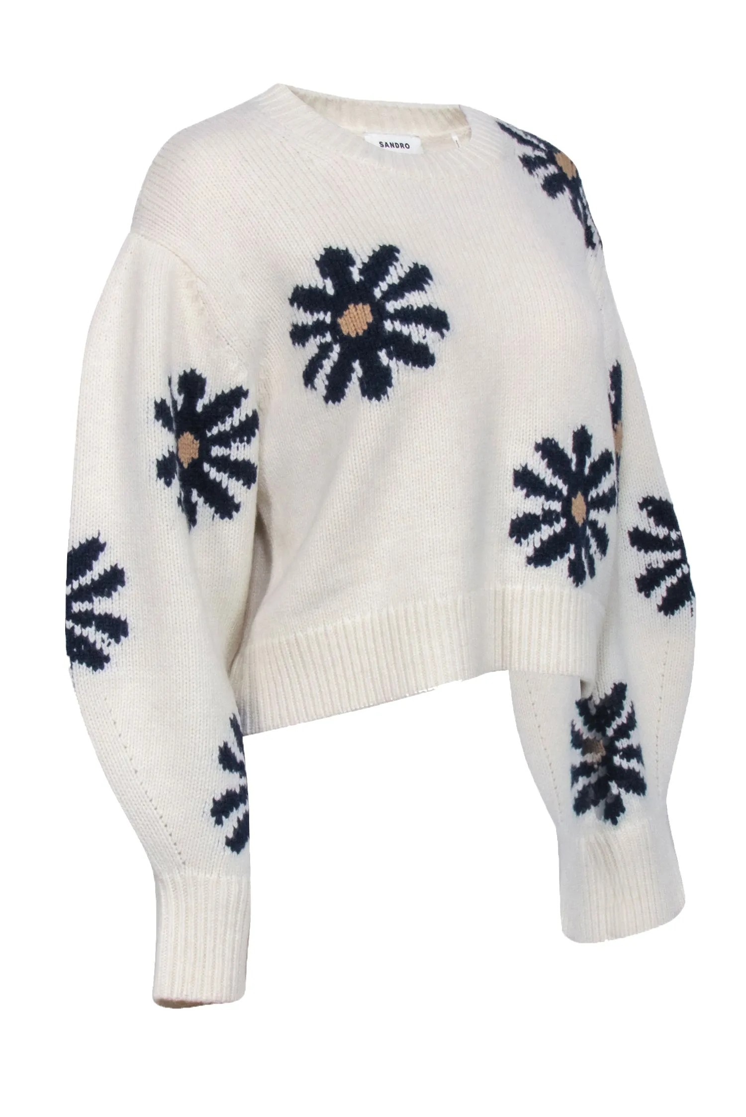 Sandro - Ivory w/ Navy Floral Pattern Wool Blend Sweater Sz L