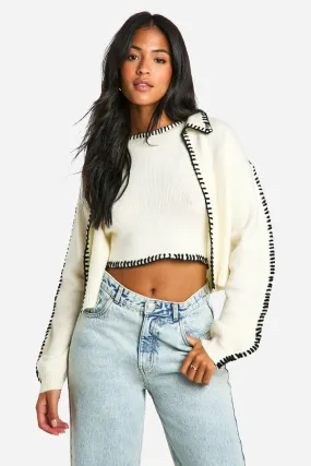 Tall Contrast Trim Knitted Crop Top And Cardigan Co-ord