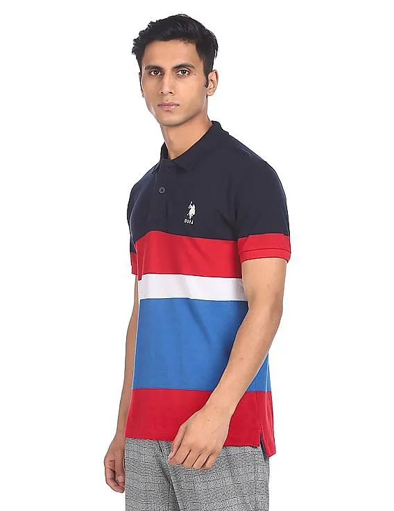 U.S. Polo Assn. Men Multi Colour Cotton Colour Block Polo Shirt