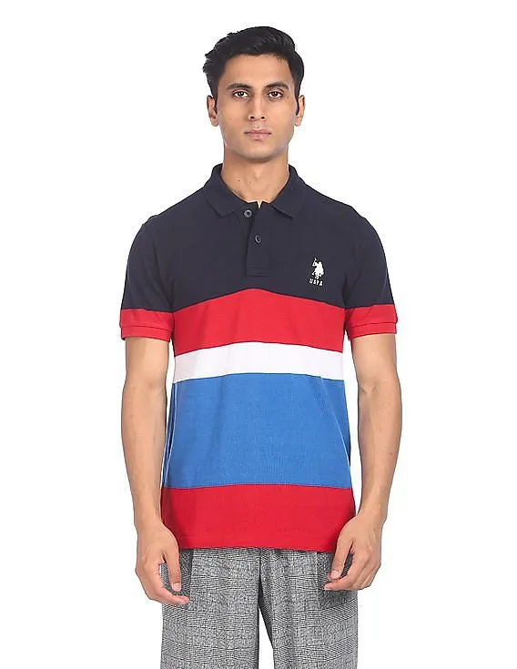 U.S. Polo Assn. Men Multi Colour Cotton Colour Block Polo Shirt