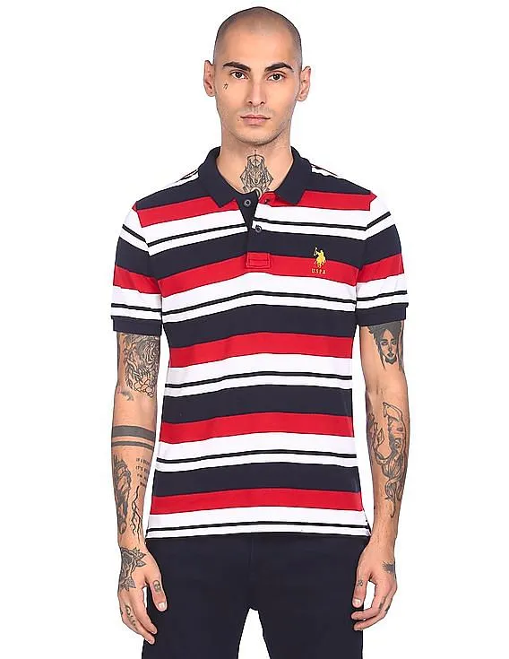 U.S. Polo Assn. Men Red and White Short Sleeve Striped Polo Shirt