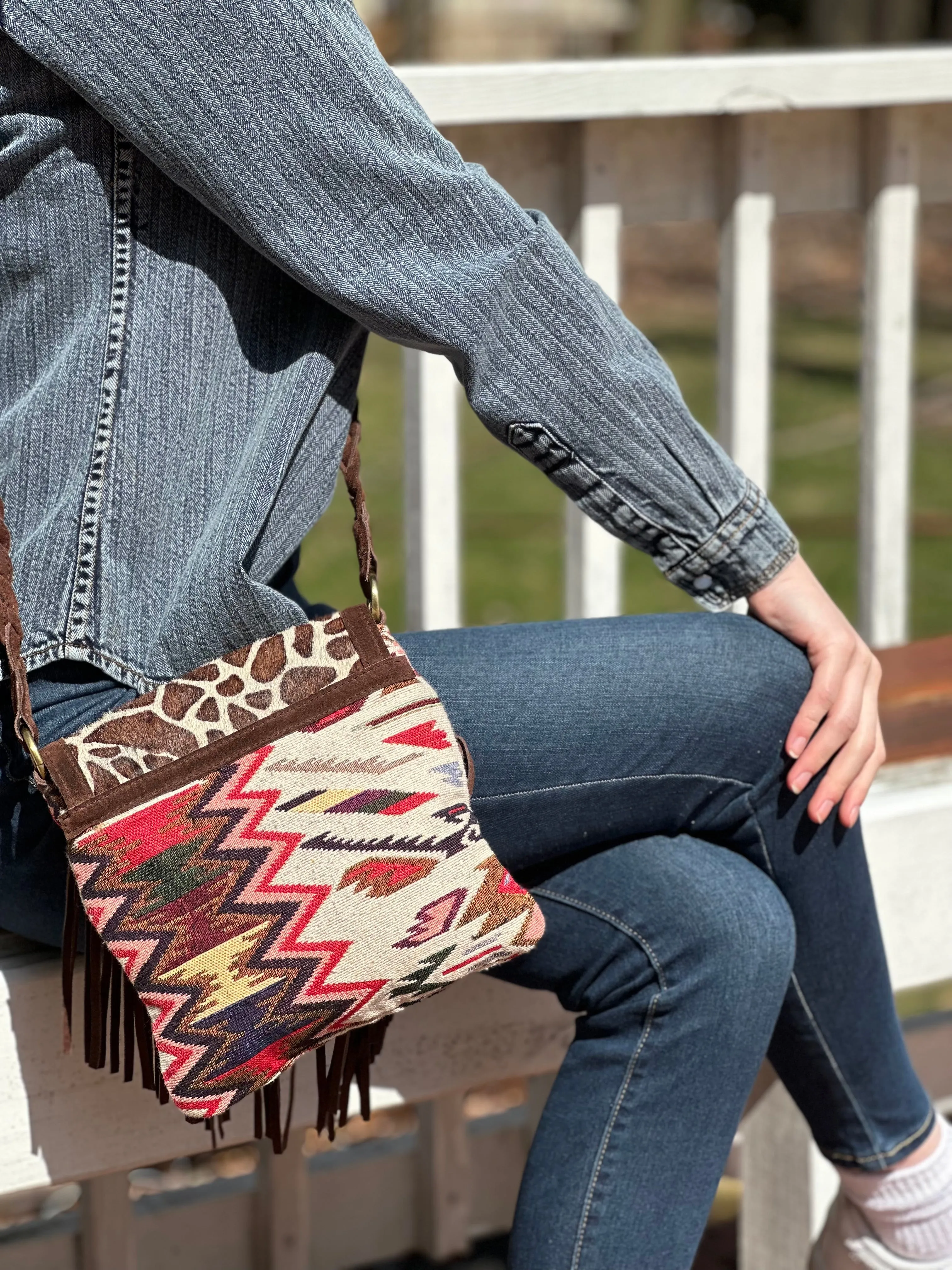 V-4921 MontanaCo Aztec Crossbody Bag with Fringes