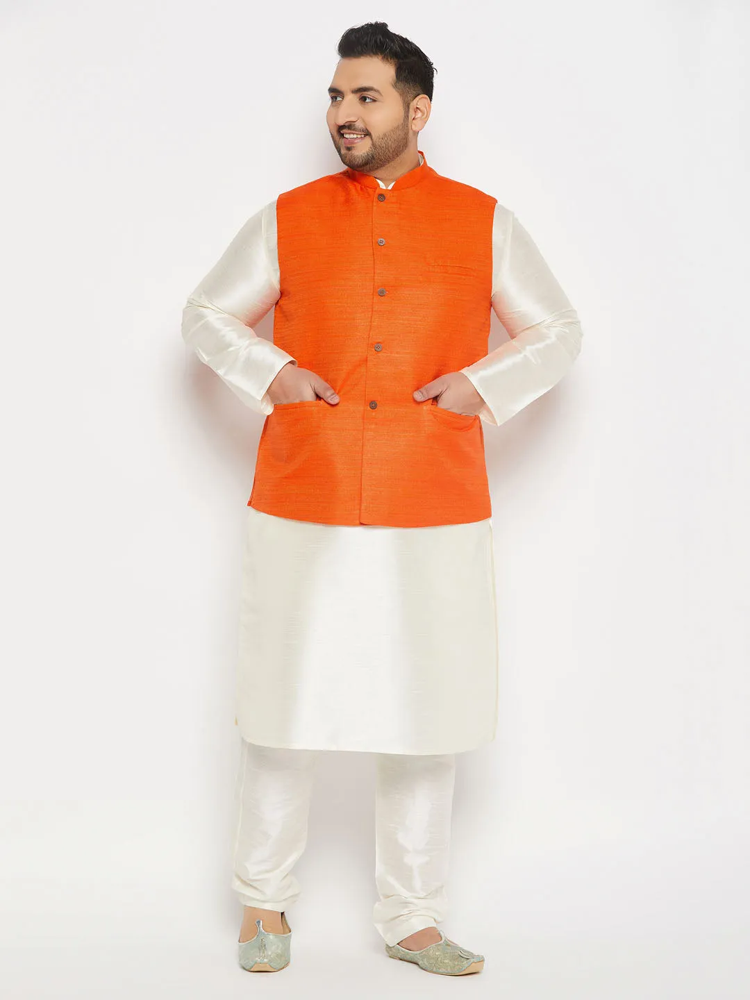 VASTRAMAY Men's Plus Size Orange Matka Silk Nehru Jacket With Cream Silk Blend Kurta and Pant style Pyjama Set