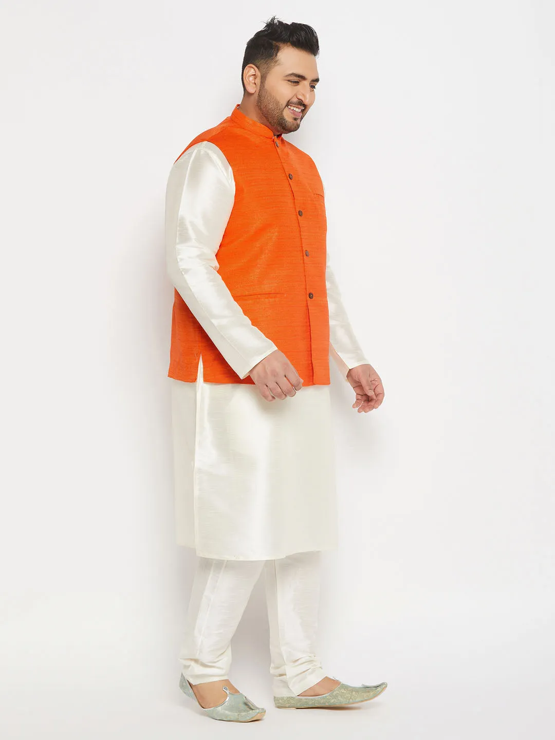 VASTRAMAY Men's Plus Size Orange Matka Silk Nehru Jacket With Cream Silk Blend Kurta and Pant style Pyjama Set