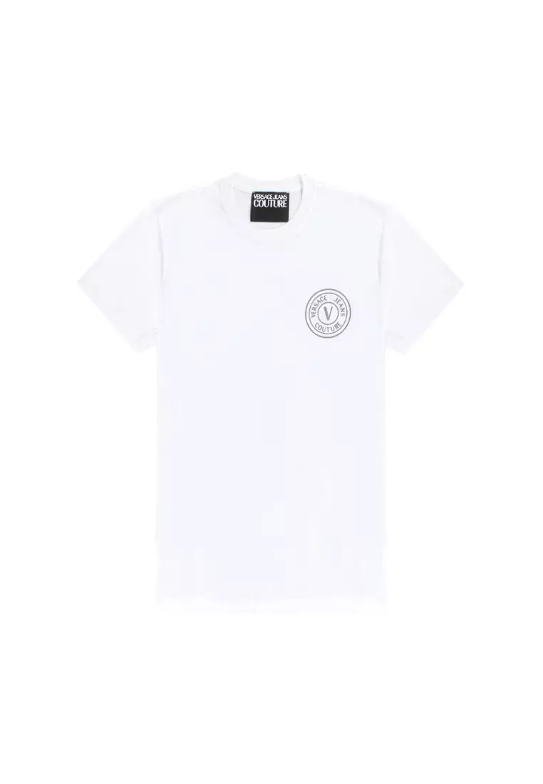 Versace Versace Jeans Couture Fall/Winter 22 V-EMBLEM Series Metallic LOGO Men's Short Sleeve T-shirt 73GAHT27 CJ00T