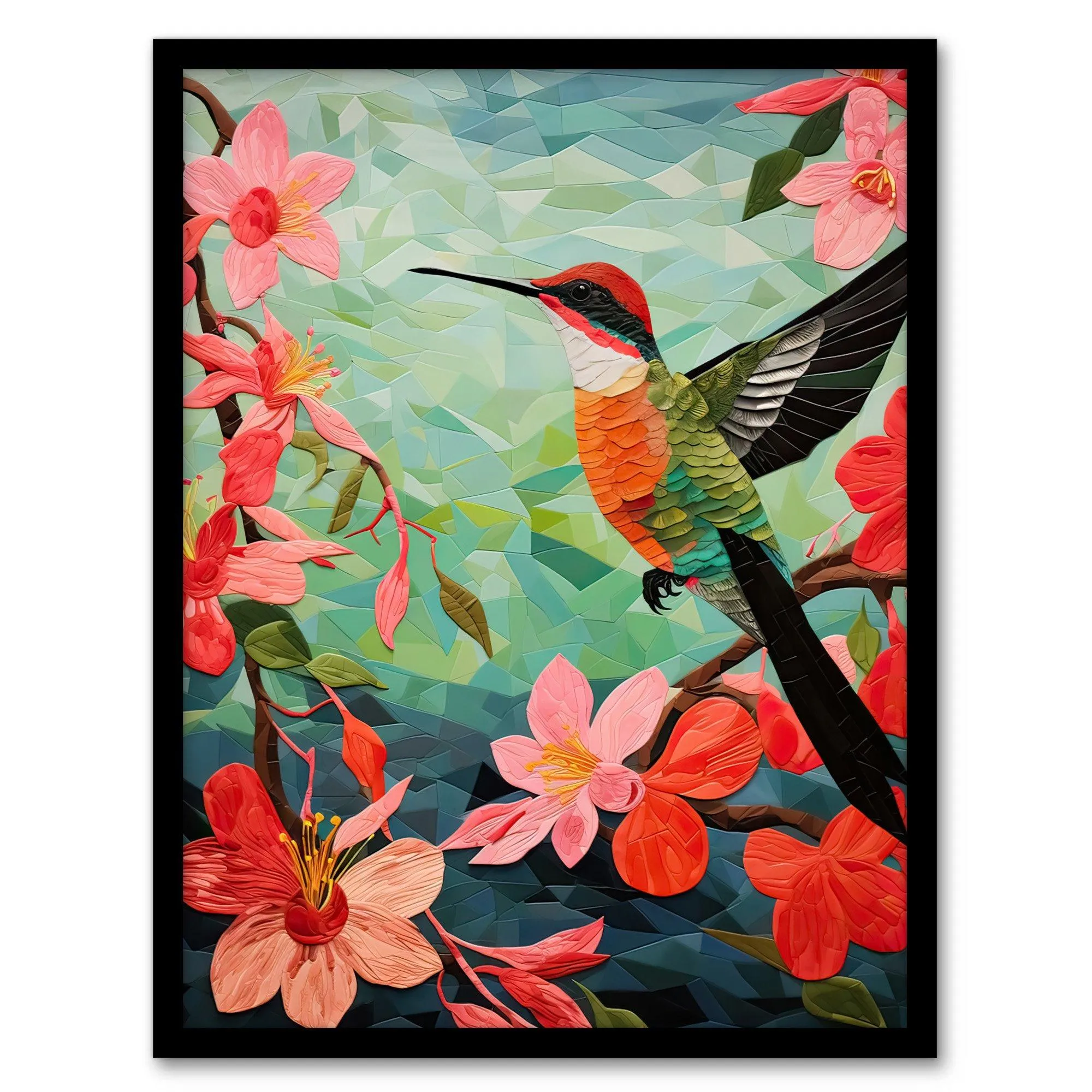 Wall Art & Pictures | Wall Art Print Hummingbird and Pink Hibiscus Flowers Colourful Textile Quilt Design with Spring Blooms