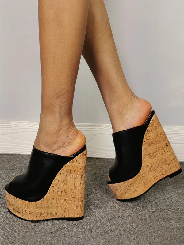 Women's Black Peep Toe PU Leather Wedge Mules